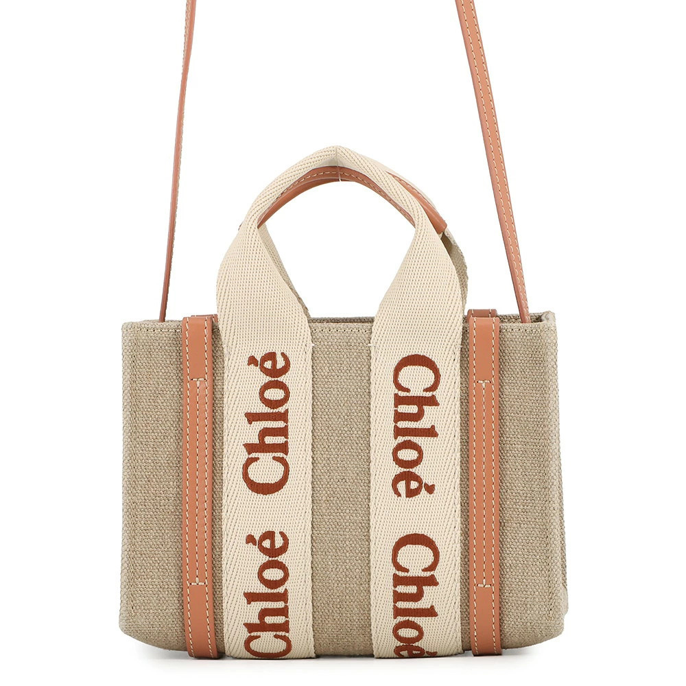 Chloe Woody Tote Canvas Shiny Calfskin Handbag Shoulder Bag